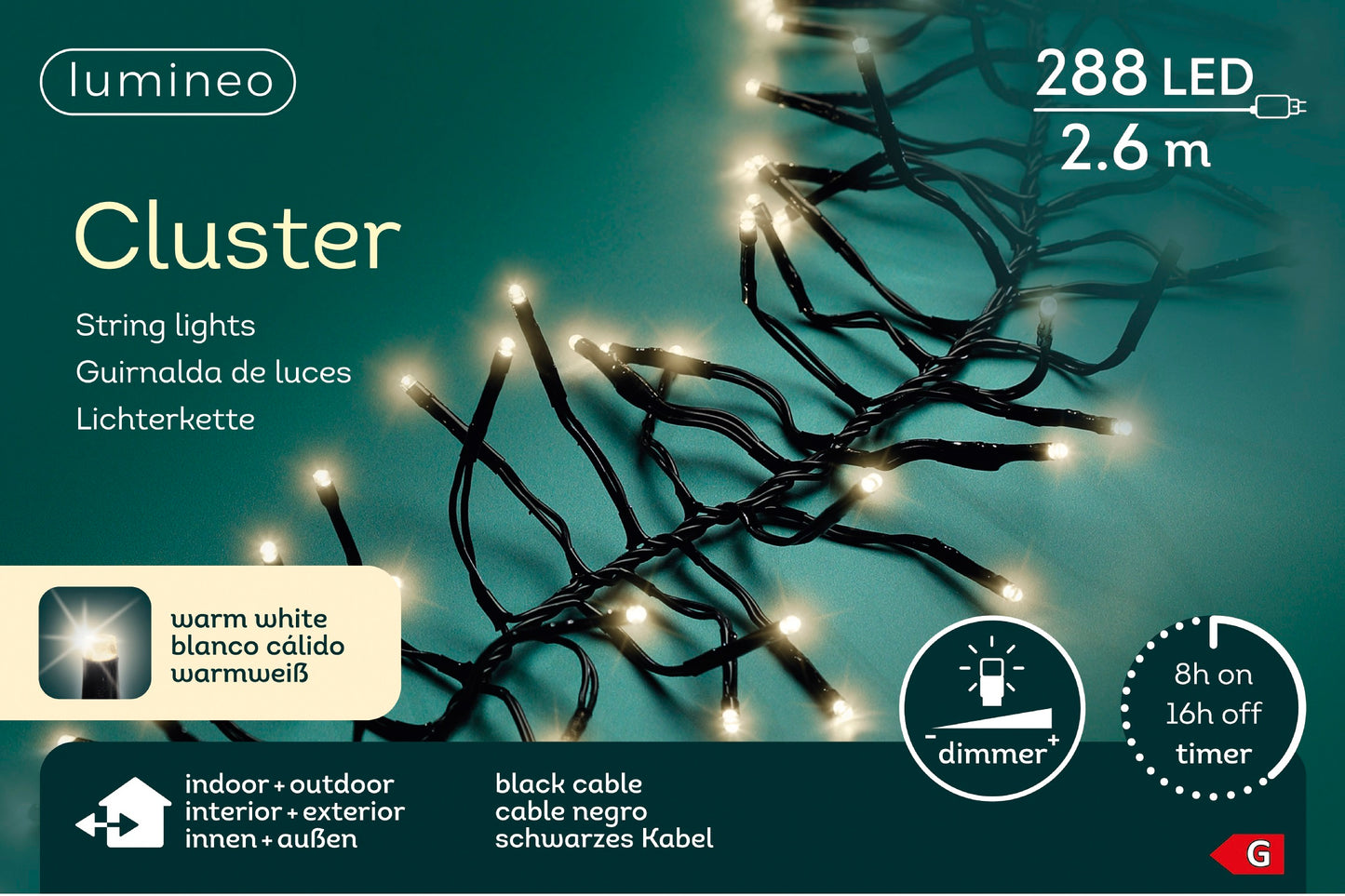 Lichterkette CLUSTER 288 LED 2,6 m warm weiß, schwarzes Kabel