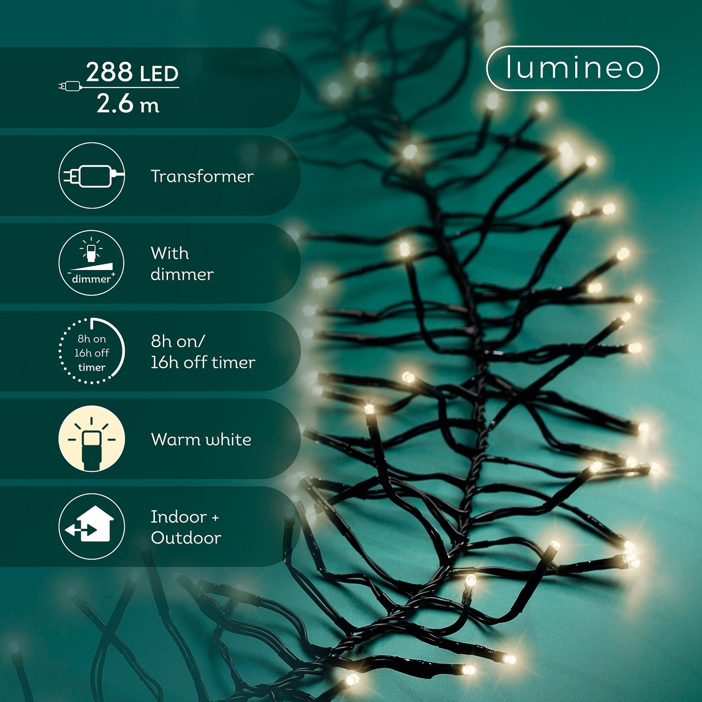 Lichterkette CLUSTER 288 LED 2,6 m warm weiß, schwarzes Kabel
