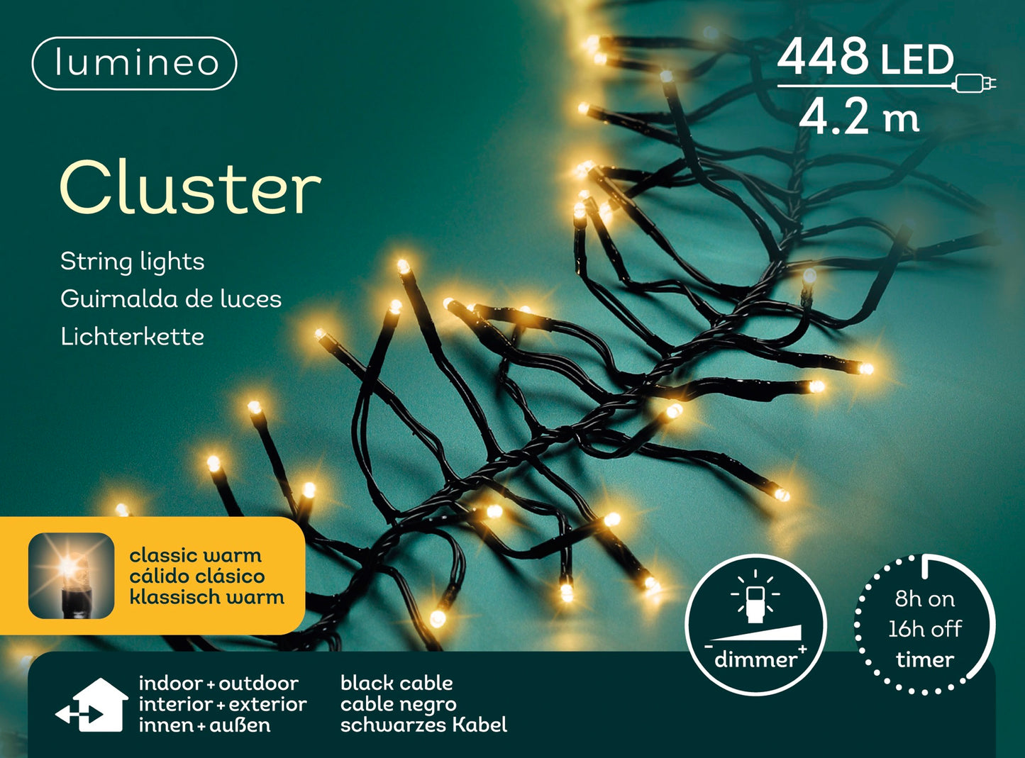 Lichterkette CLUSTER 448 LED 4,2 m klassisch warm, schwarzes Kabel
