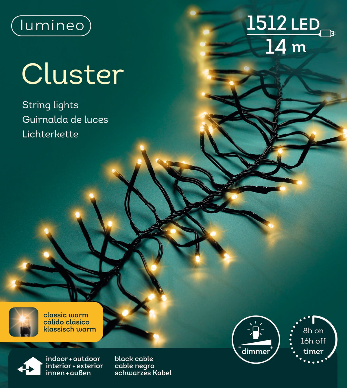 B-Ware Lichterkette CLUSTER 1512 LED 14 m klassisch warm, schwarzes Kabel