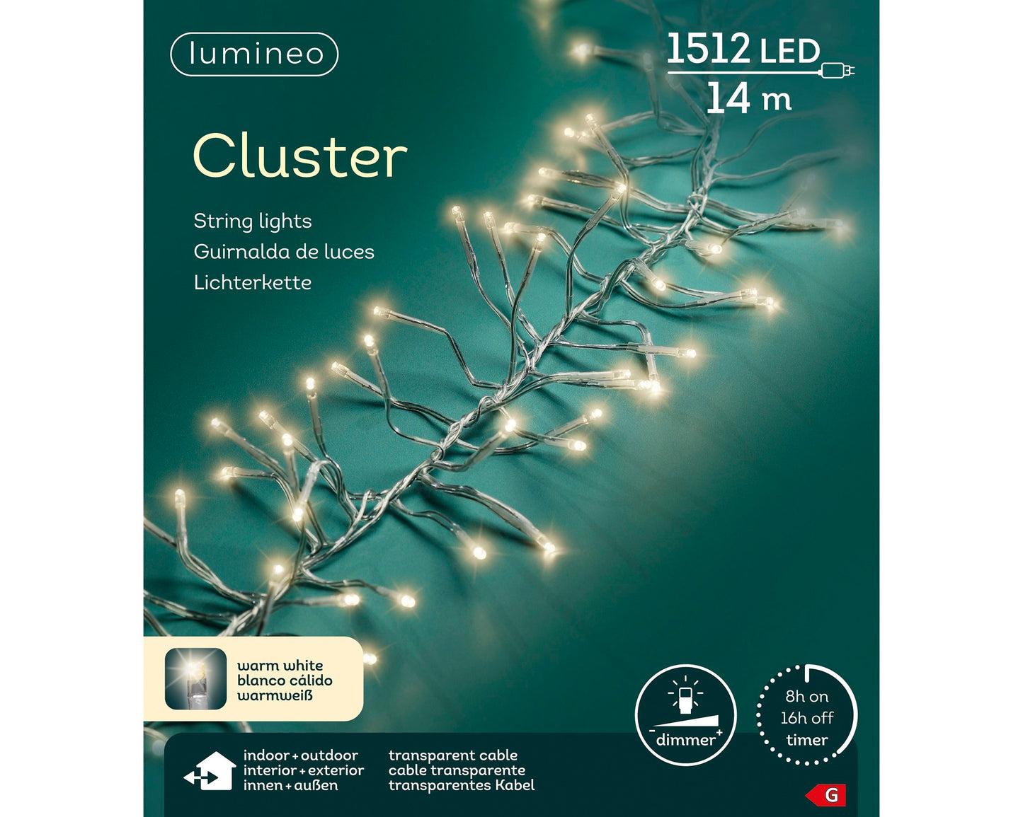 Lichterkette CLUSTER 1512 LED 14 m warm weiß, transparentes Kabel