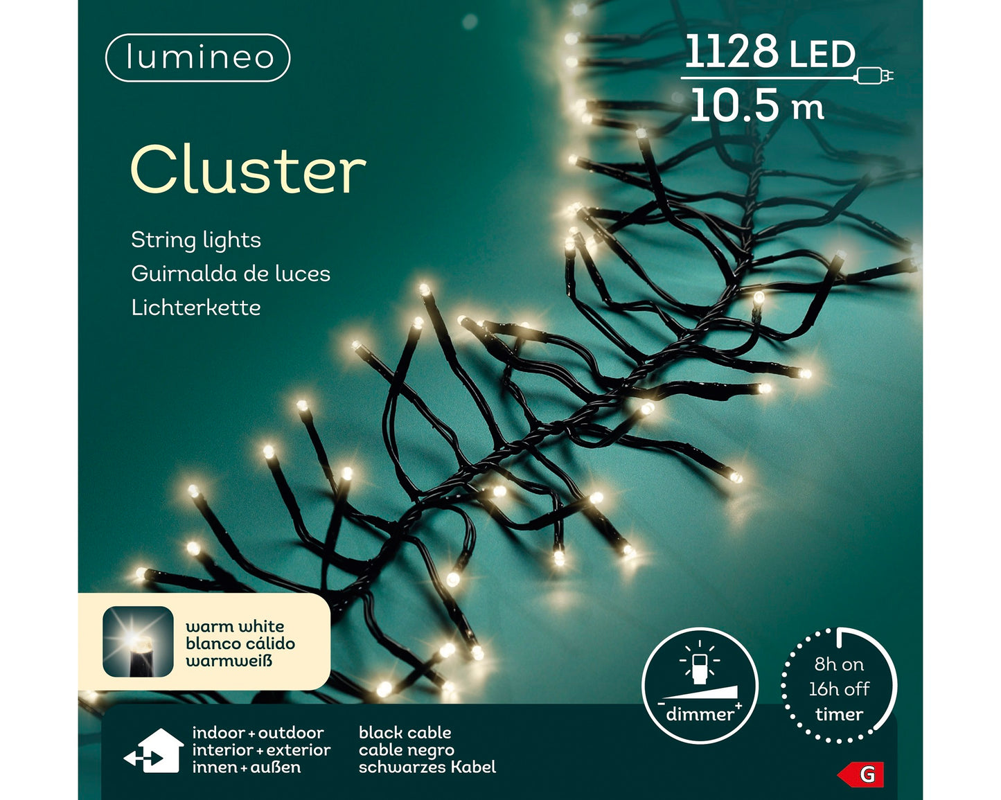 Lichterkette CLUSTER 1128 LED 10,5 m warm weiß, schwarzes Kabel