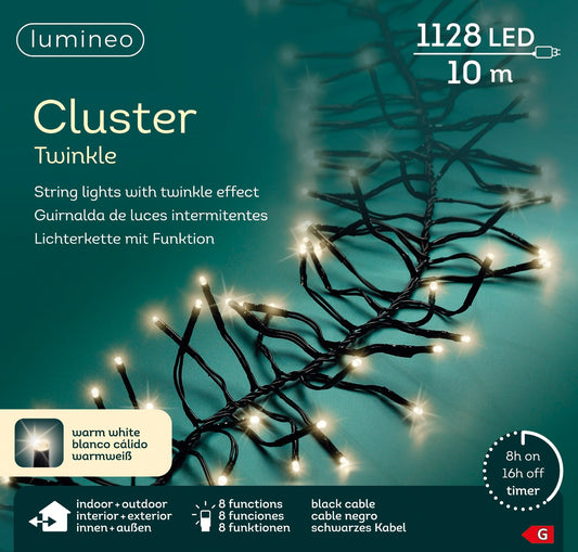 Lichterkette CLUSTER TWINKLE 1128 LED 10,5 m warm weiß, schwarzes Kabel