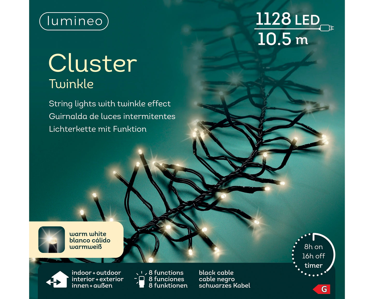 Lichterkette CLUSTER TWINKLE 1128 LED 10,5 m warm weiß, schwarzes Kabel