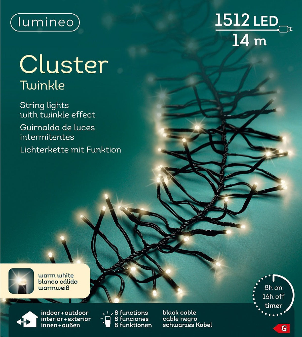 B-Ware Lichterkette CLUSTER TWINKLE 1512 LED 14 m warm weiß, schwarzes Kabel
