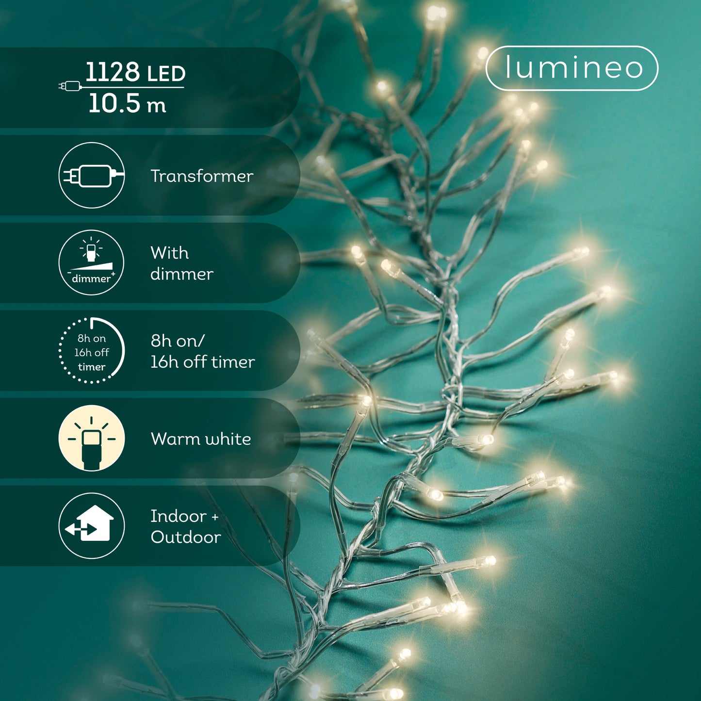 Lichterkette CLUSTER 1128 LED 10,5 m warm weiß, transparentes Kabel