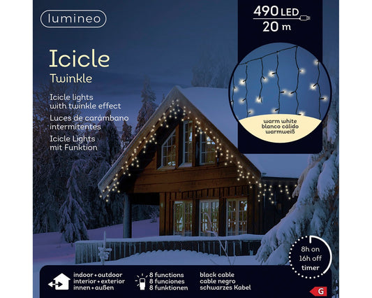 Lichtervorhang ICICLE TWINKLE 490 LED 20 m warm weiß, schwarzes Kabel