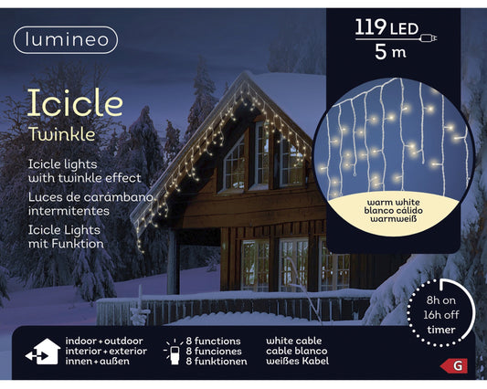 Lichtervorhang ICICLE TWINKLE 119 LED 5 m warm weiß, weißes Kabel
