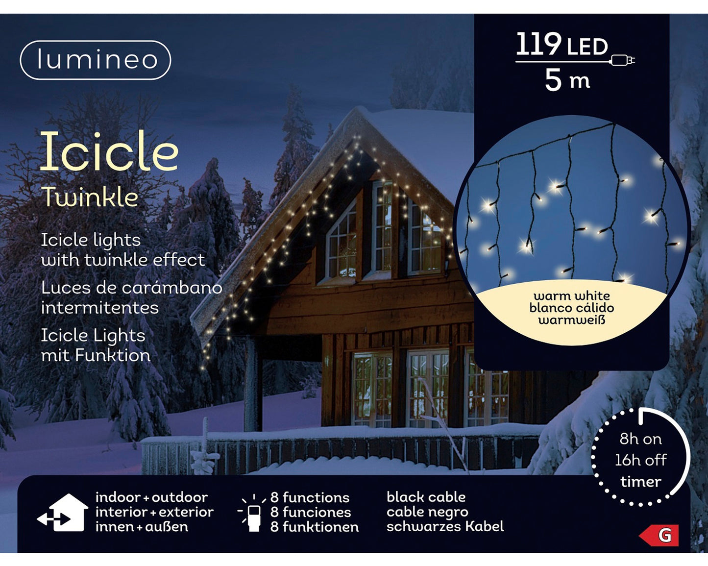 Lichtervorhang ICICLE TWINKLE 119 LED 5 m warm weiß, schwarzes Kabel