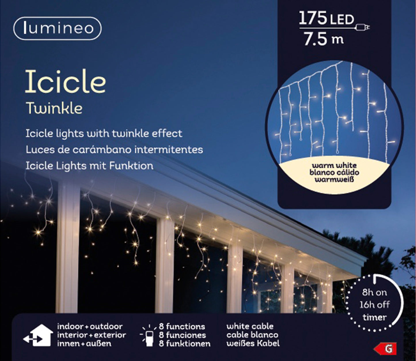 Lichtervorhang ICICLE TWINKLE 175 LED 7,5 m warm weiß, weißes Kabel