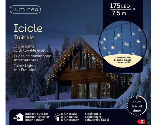 Lichtervorhang ICICLE TWINKLE 175 LED 7,5 m warm weiß, schwarzes Kabel