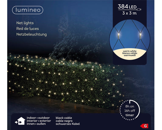 Netzbeleuchtung 384 LED 3 x 3 m warm weiß, schwarzes Kabel