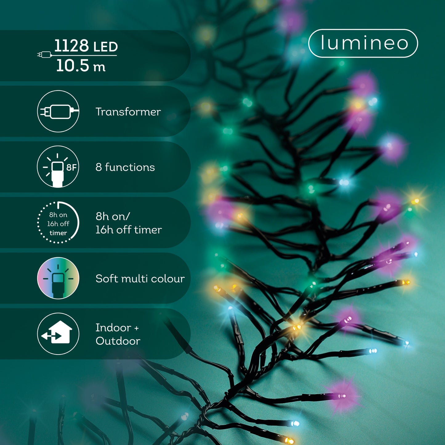Lichterkette CLUSTER TWINKLE 1128 LED 10,5 m Sanftes BUNT, schwarzes Kabel