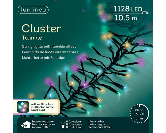 Lichterkette CLUSTER TWINKLE 1128 LED 10,5 m BUNT, schwarzes Kabel