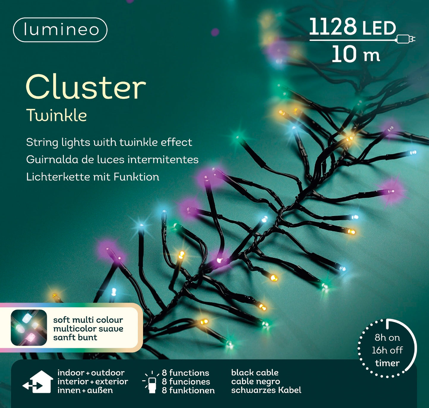 Lichterkette CLUSTER TWINKLE 1128 LED 10,5 m BUNT, schwarzes Kabel