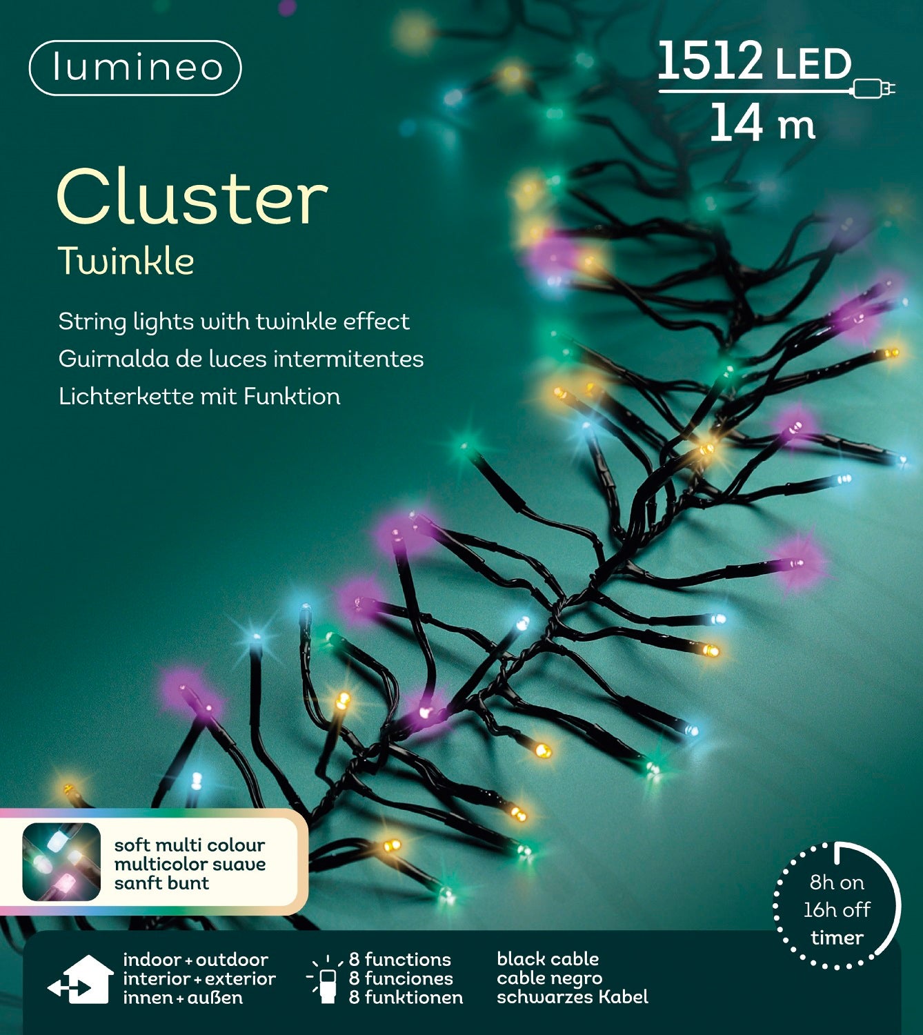 Lichterkette CLUSTER TWINKLE 1512 LED 14 m BUNT, schwarzes Kabel