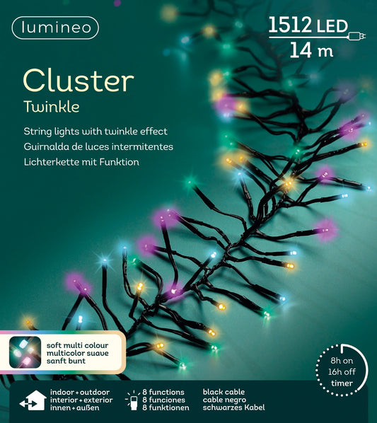 B-Ware Lichterkette CLUSTER TWINKLE 1512 LED 14 m BUNT, schwarzes Kabel