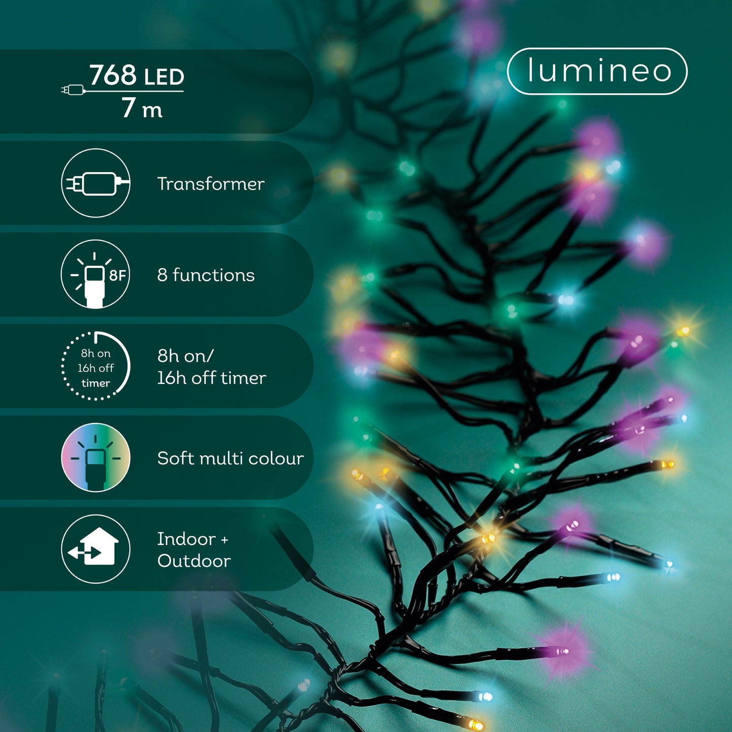 Lichterkette Cluster 768 LED 7 m Sanftes Bunt, schwarzes Kabel