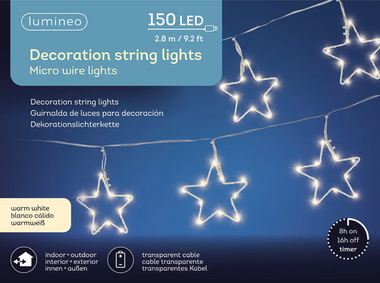 Stern-Lichterkette 150 LED 2,8 m warm weiß, transparentes Kabel