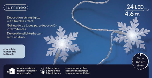 Schneeflocken-Lichterkette 24 LED 4,6 m Kalt Weiß, transparentes Kabel