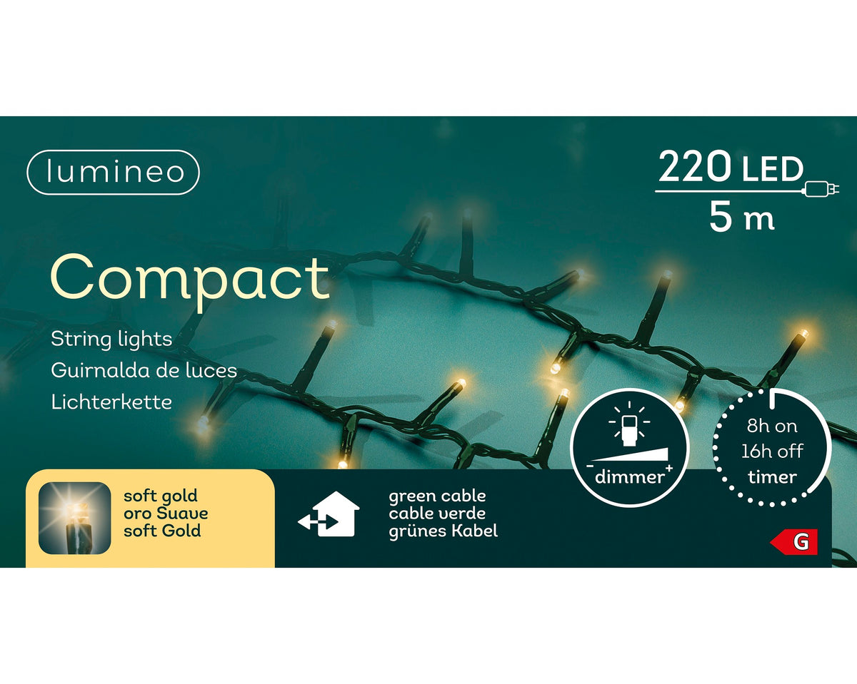 B-Ware Lichterkette COMPACT 220 LED 5 m, Soft Gold, grünes Kabel