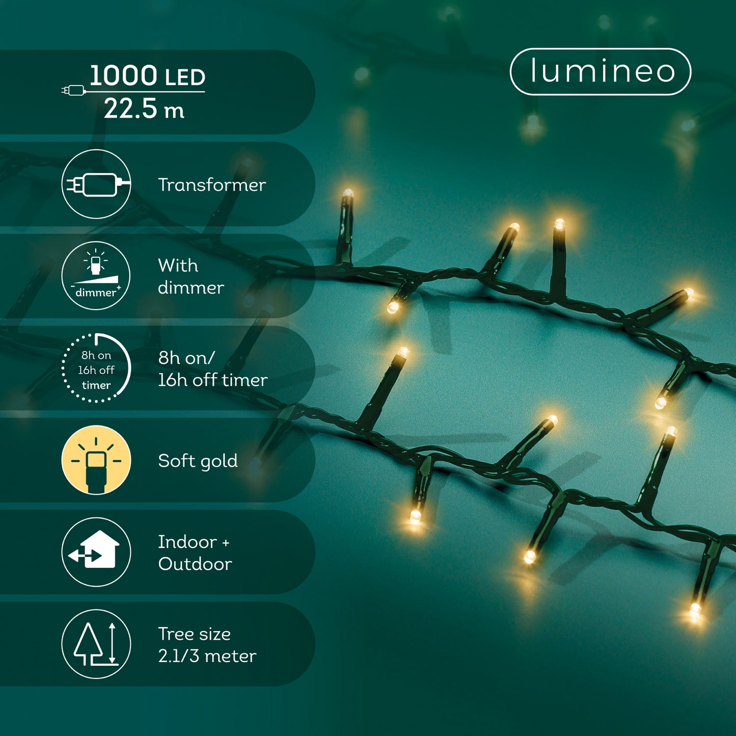 Lichterkette COMPACT 1000 LED 22,5 m, Soft Gold, grünes Kabel
