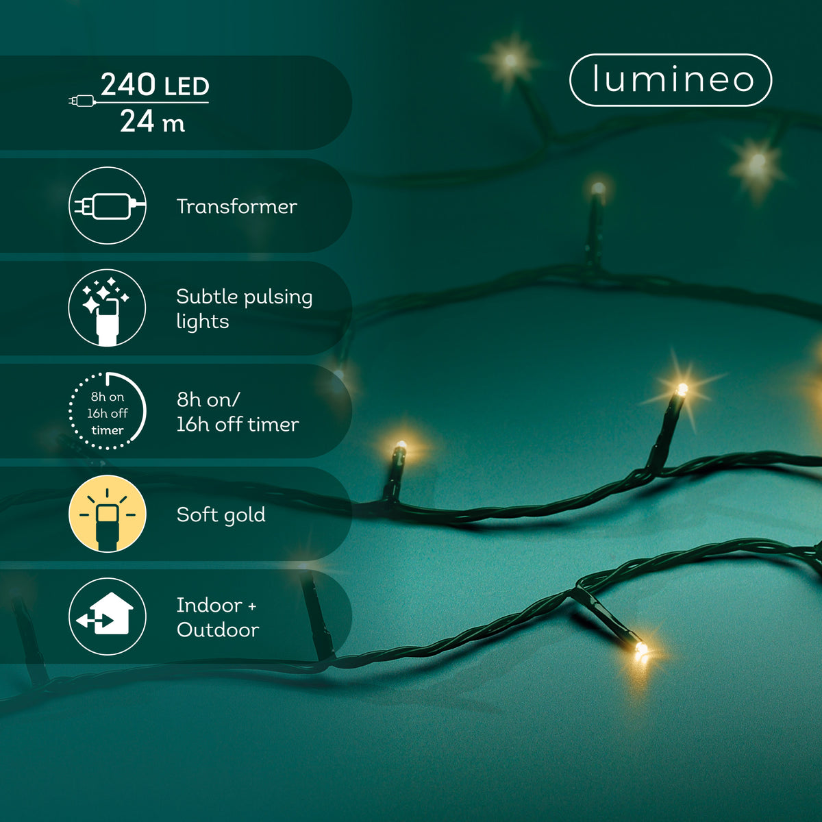 Lichterkette BASIC 240 LED 24 m, Soft Gold, grünes Kabel