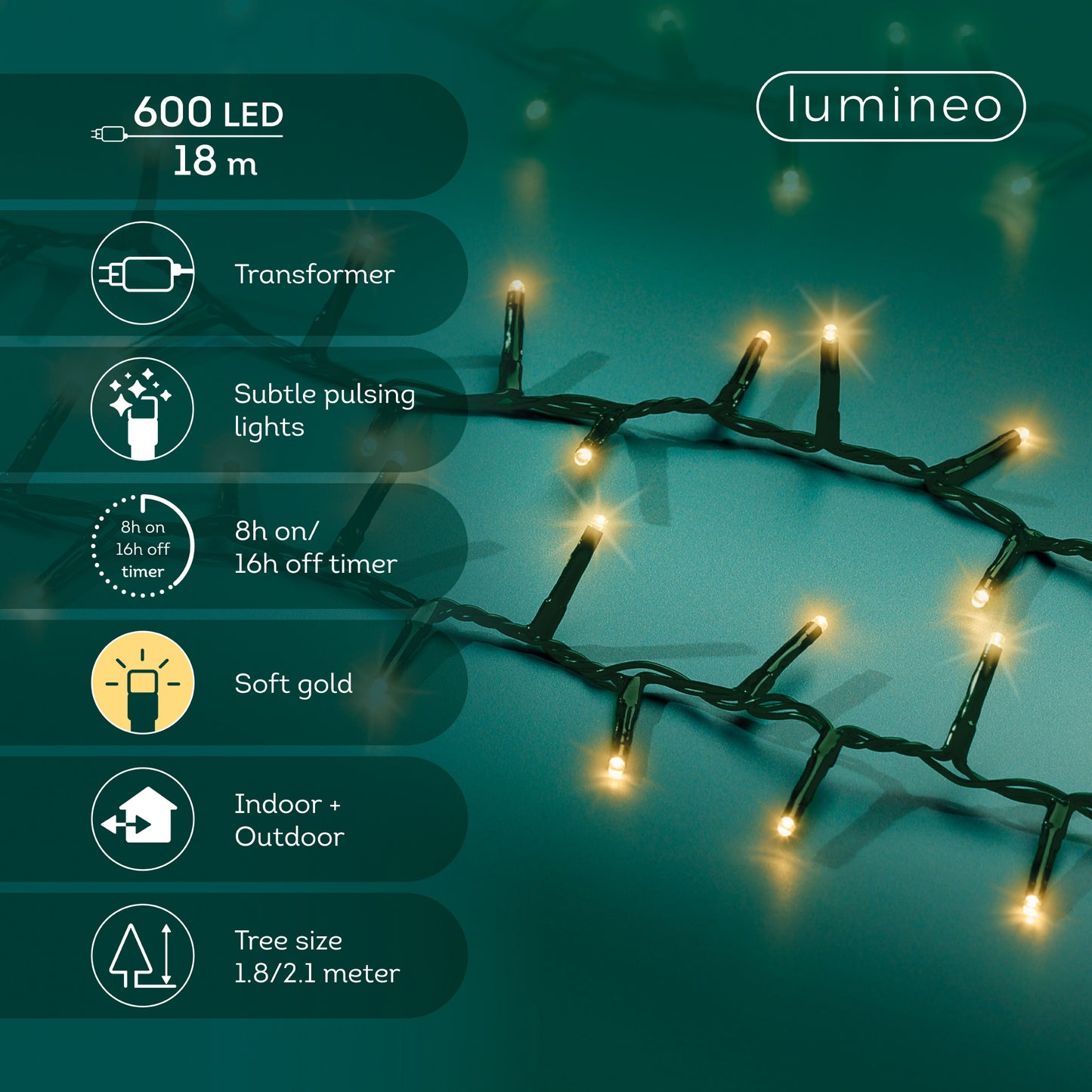Lichterkette COMPACT SPARKLE 600 LED 18 m, Soft Gold, grünes Kabel