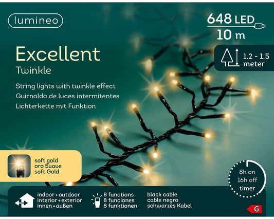 Lichterkette EXCELLENT TWINKLE 648 LED 10 m Soft Gold, schwarzes Kabel