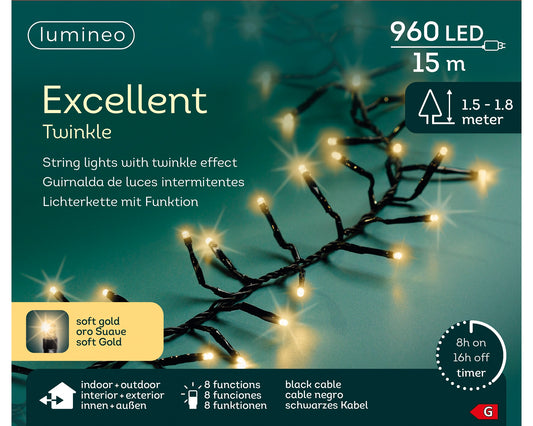 Lichterkette EXCELLENT TWINKLE 960 LED 15 m Soft Gold, schwarzes Kabel