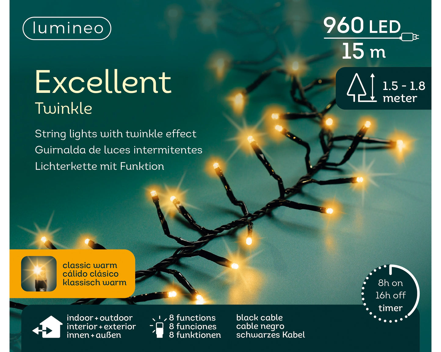 Lichterkette EXCELLENT TWINKLE 960 LED 15 m klassisch warm, schwarzes Kabel