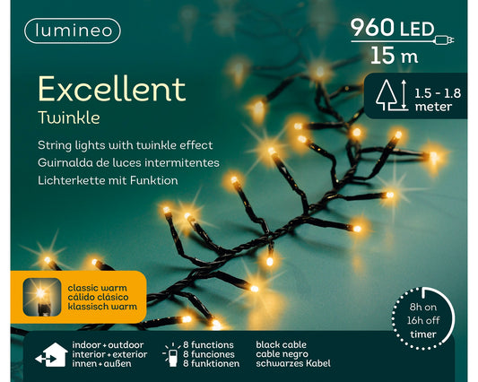 Lichterkette EXCELLENT TWINKLE 960 LED 15 m klassisch warm, schwarzes Kabel