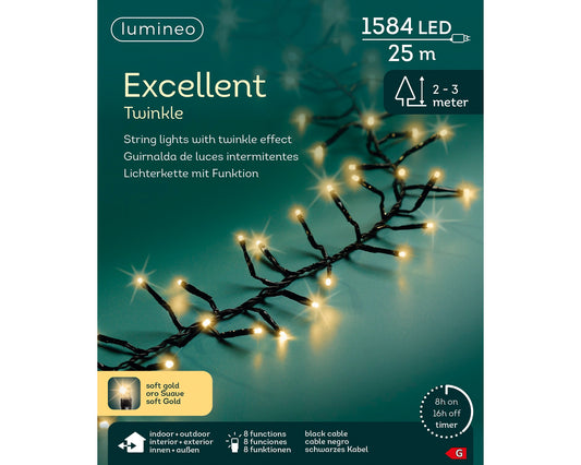 Lichterkette EXCELLENT TWINKLE 1584 LED 25 m Soft Gold schwarzes Kabel