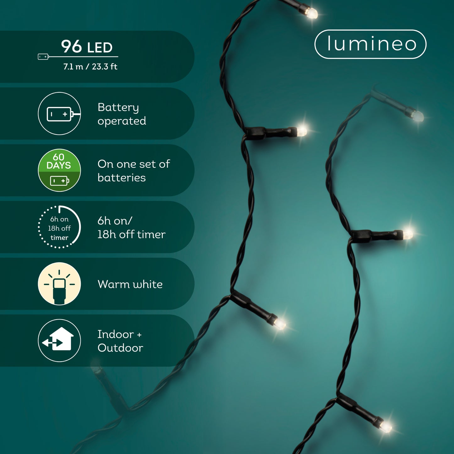 Lichterkette BATTERY LIGHTS 96 LED 7,1 m warm weiß, batteriebetrieben