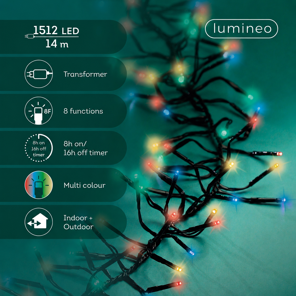 Lichterkette CLUSTER TWINKLE 1512 LED 14 m BUNT, schwarzes Kabel