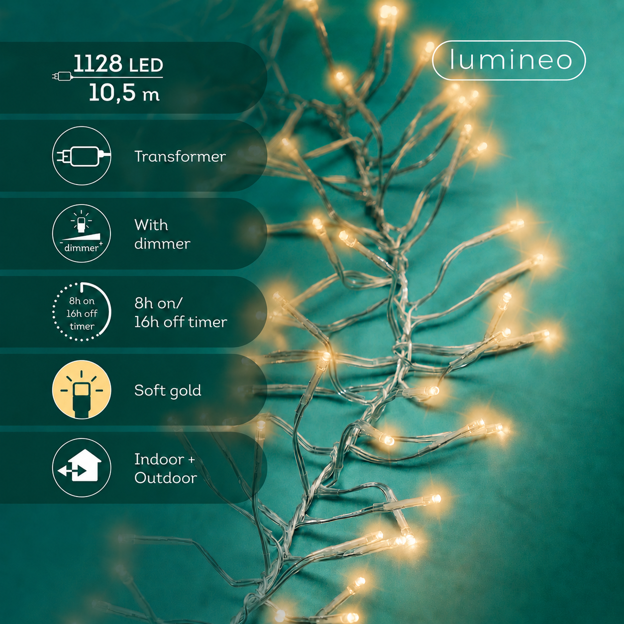 Lichterkette CLUSTER 1128 LED 10,5 m Soft Gold, transparentes Kabel