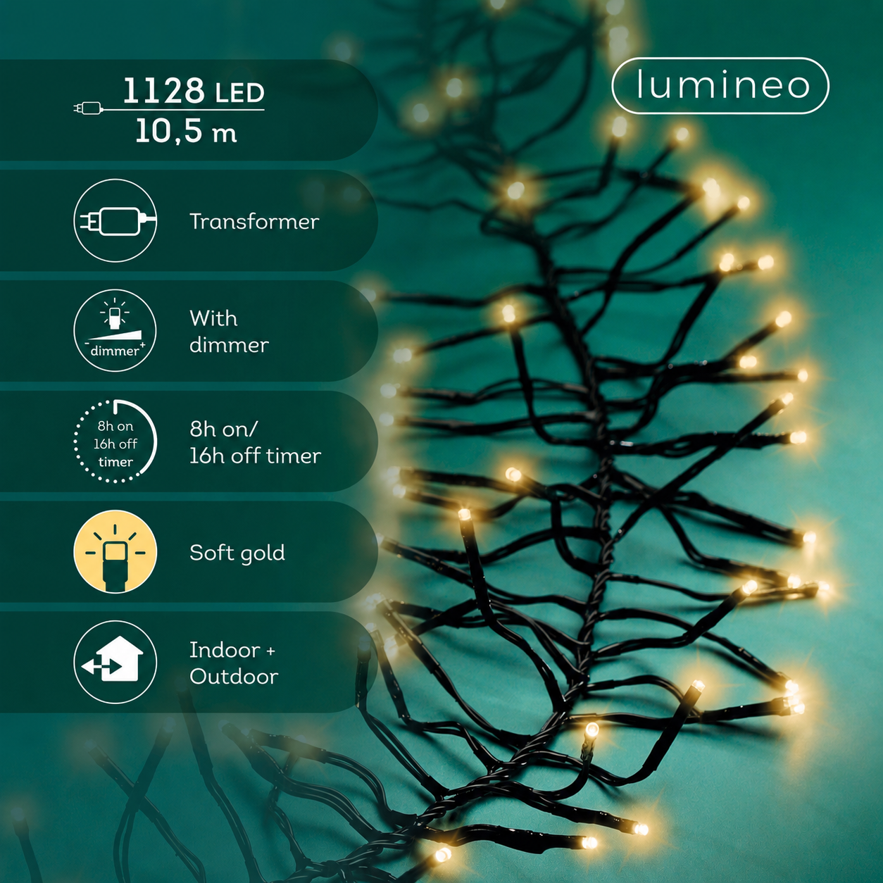 Lichterkette CLUSTER 1128 LED 10,5 m Soft Gold, schwarzes Kabel