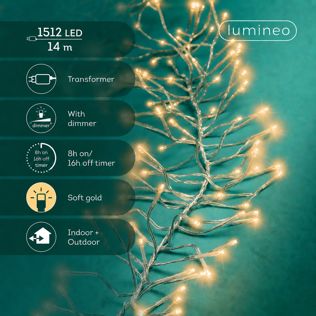 Lichterkette CLUSTER 1512 LED 14 m Soft Gold, transparentes Kabel
