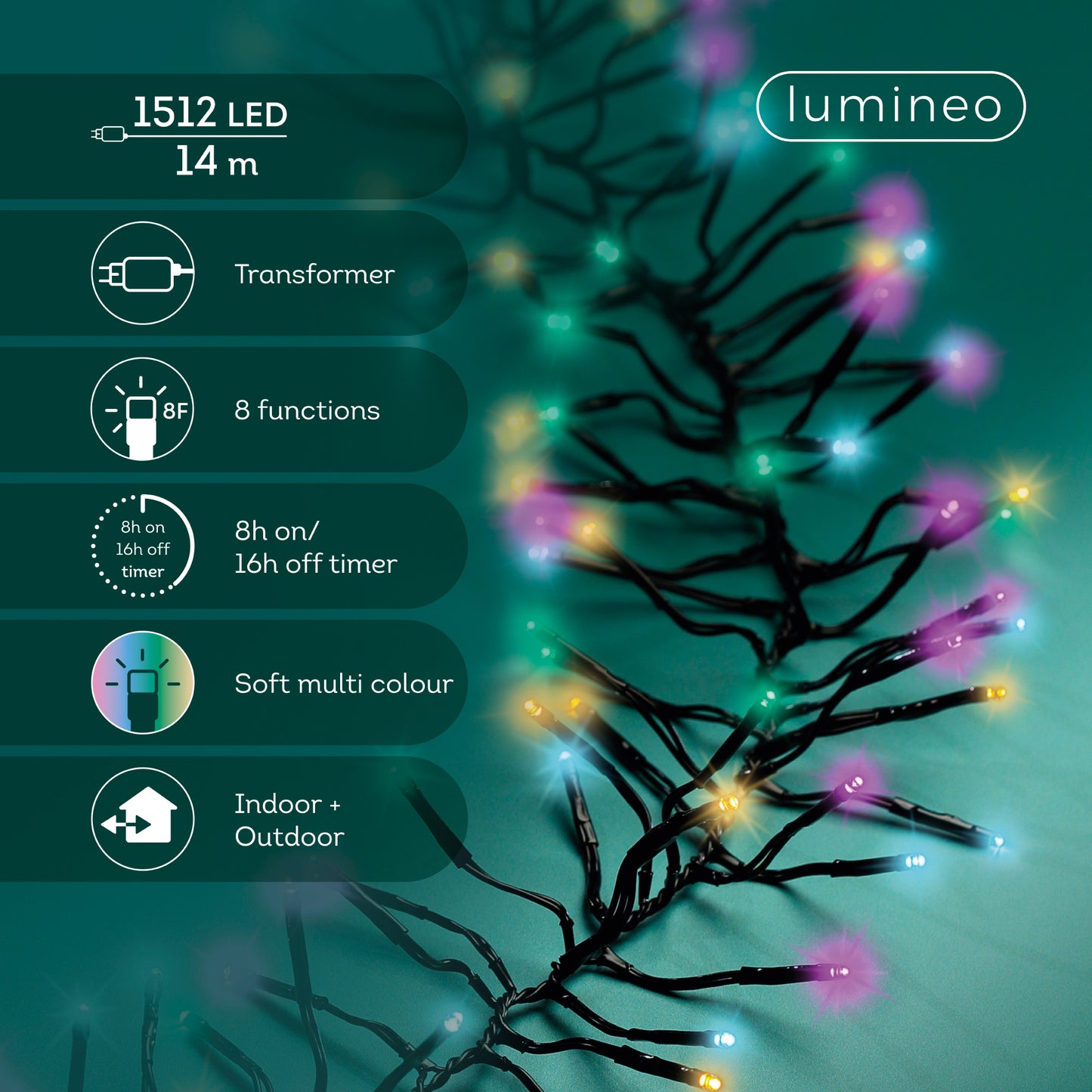Lichterkette CLUSTER TWINKLE 1512 LED 14 m Sanft BUNT, schwarzes Kabel