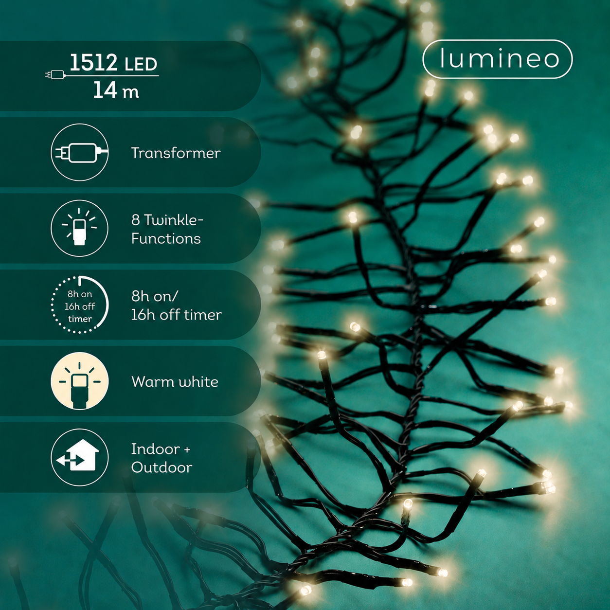 Lichterkette CLUSTER TWINKLE 1512 LED 14 m warm weiß, schwarzes Kabel