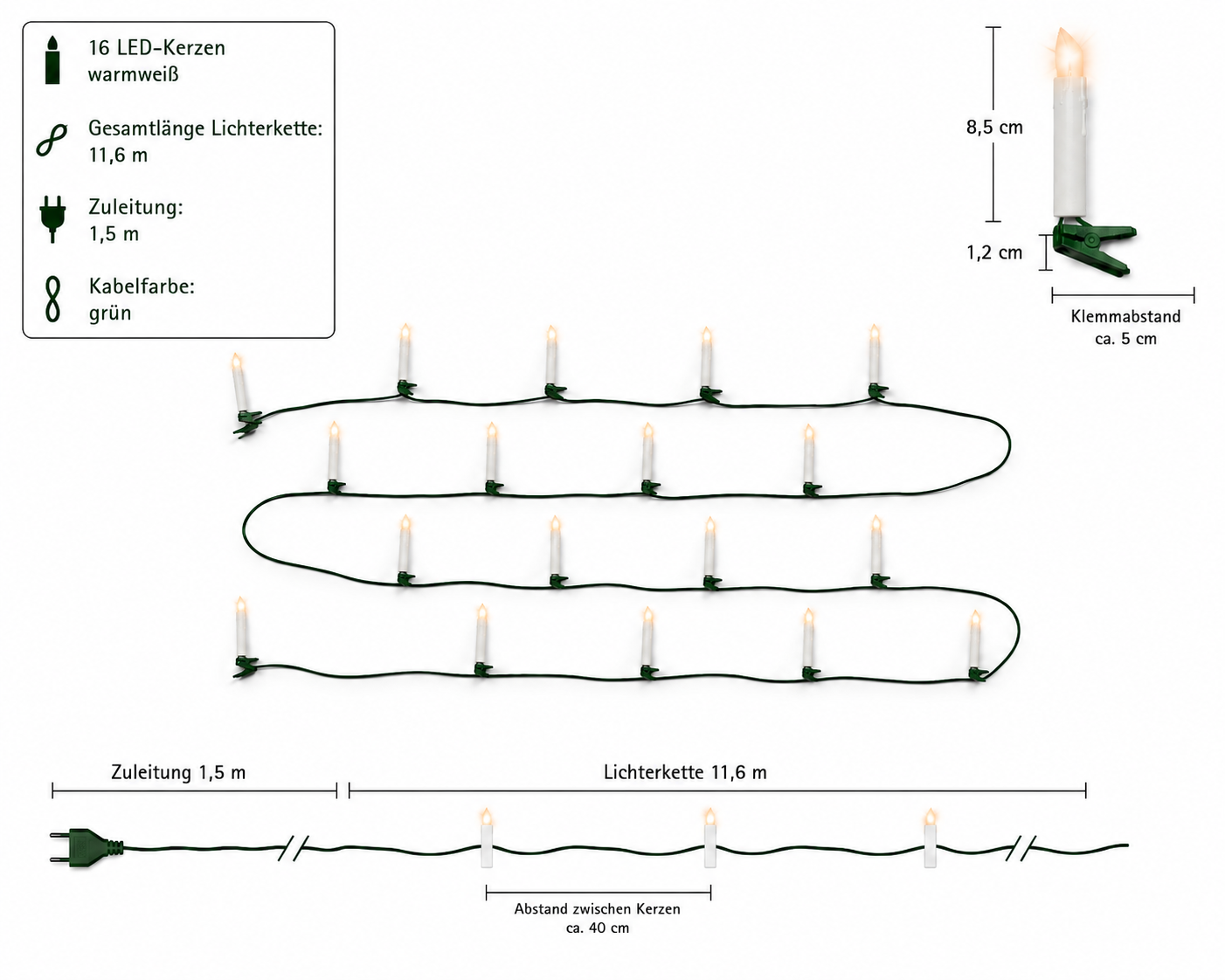 Kerzen-Lichterkette 30 LED 11,6 m klassisch warm, grünes Kabel