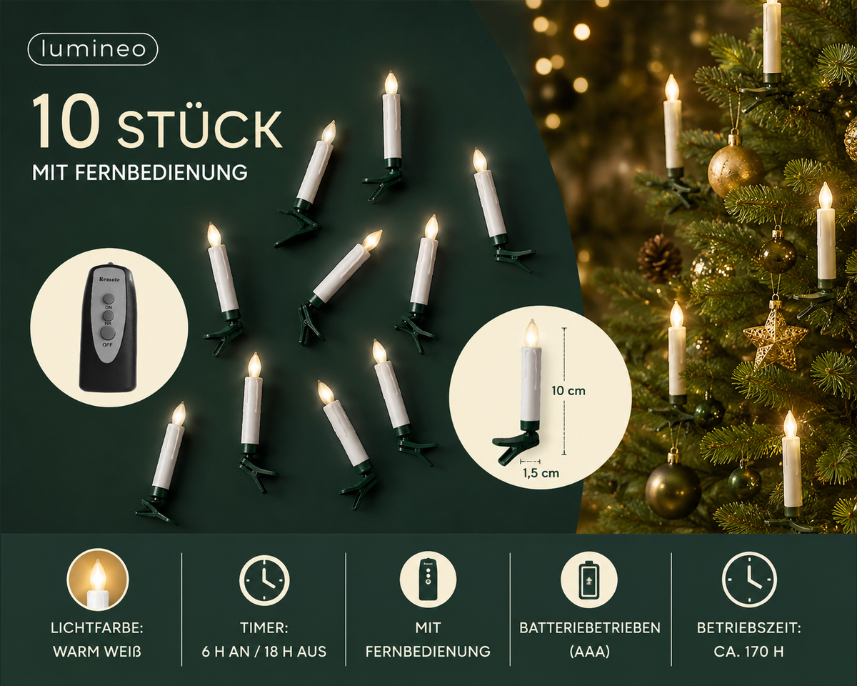 LED Baumkerzen Weiß 10 Stück, mit Fernbedienung