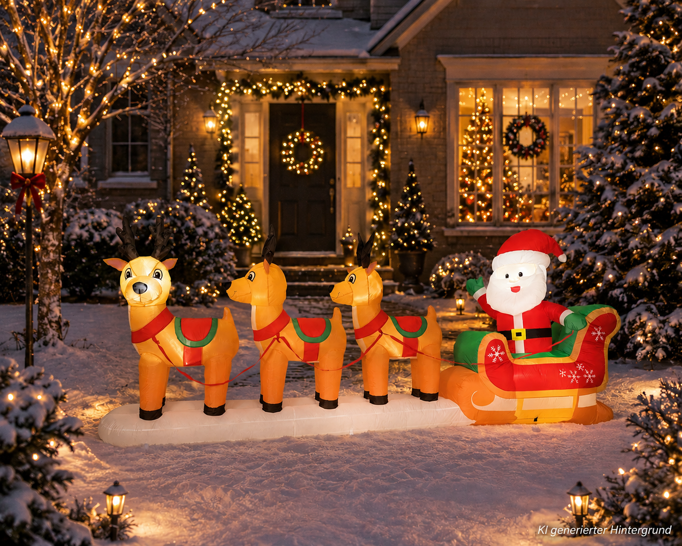 Aufblasbare Weihnachtsfigur, Weihnachtsmann + Rentierschlitten, 355 x 140 cm