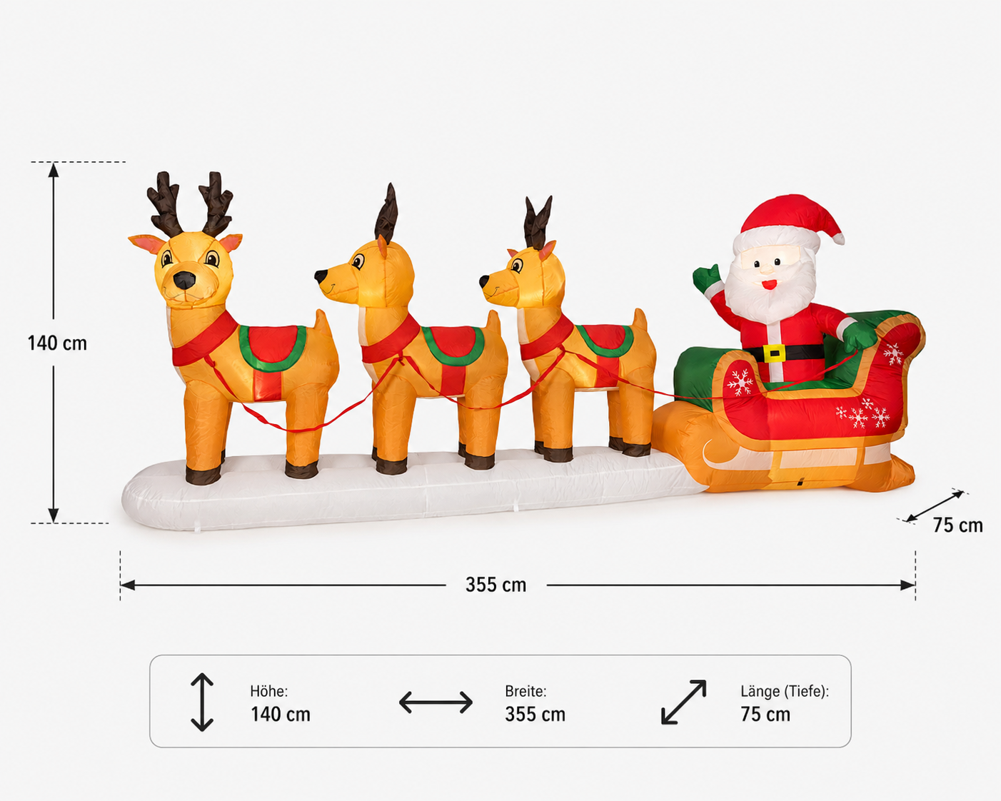 Aufblasbare Weihnachtsfigur, Weihnachtsmann + Rentierschlitten, 355 x 140 cm