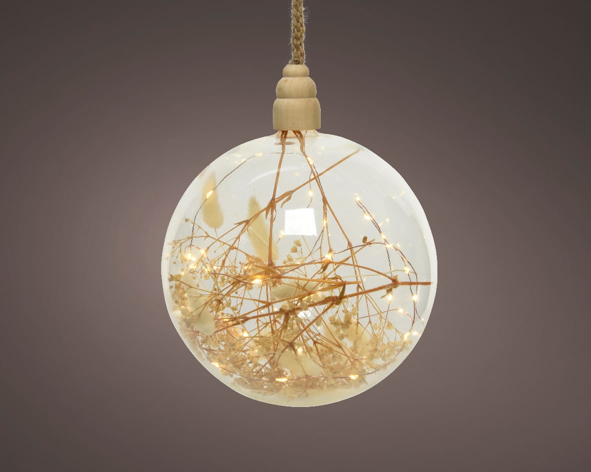 Micro-LED Glaskugel mit Trockenblumen 15 LED 10 cm, Batteriebetrieben