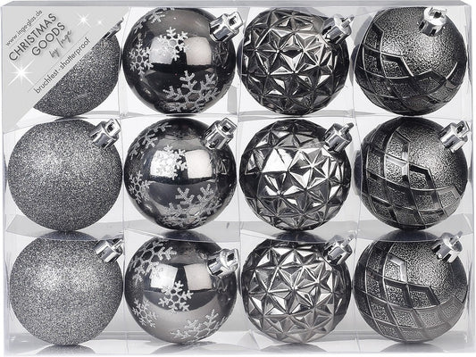 Weihnachtskugeln 12 Stück 6 cm Schwarz-Grau, Kunststoff