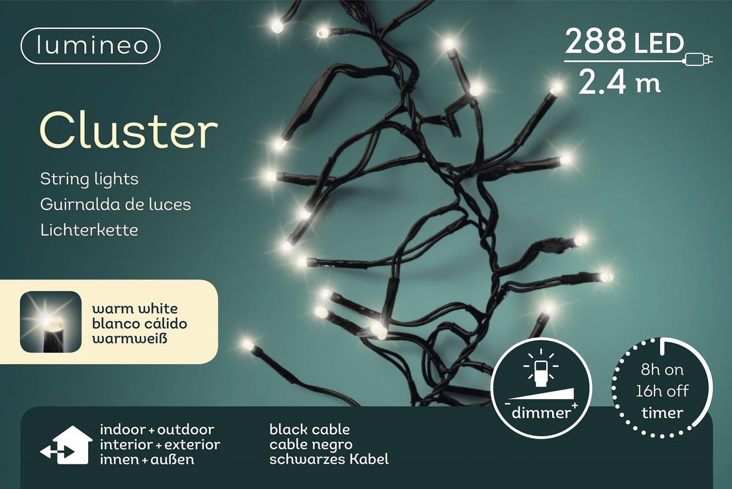 Lichterkette Cluster 288 LED 2,4 m warm weiß, schwarzes Kabel