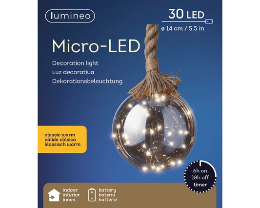 Micro-LED Glaskugel 30 LED 14cm klassisch warm, Batteriebetrieben